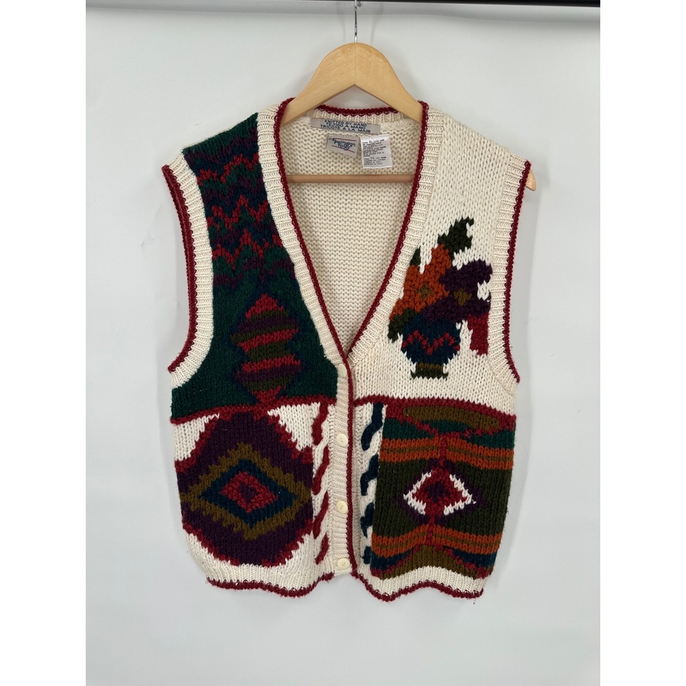 Huntington Ridge Hand Knitted Patchwork Sweater Vest XL Cream Multi Southwestern
